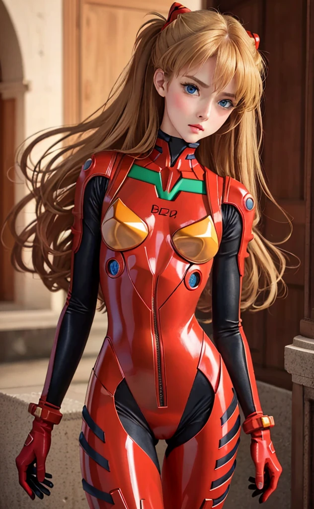 Realistic, Solo, Perfect Detail Face, Detailed Blue Eyes, Very Detailed, Blush, Hair Ornament, Chignon Mahogany Hair, (Blonde Hair), Plug Suit 02,Shikinami Asuka Langley