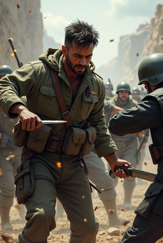 A 2 soldier who has a knife in his hand and is fighting with 3 soldiers and many soldiers are fighting behind him and he is injured