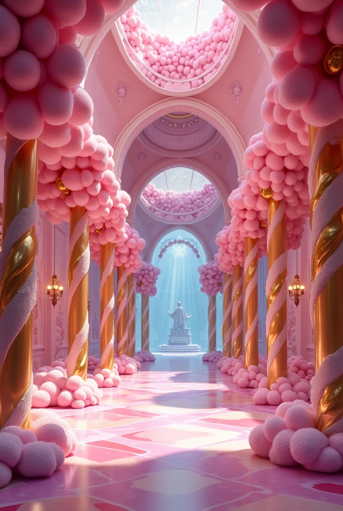 The hall of the Great Festival of the Realms was a fantasy spectacle that enchanted the senses of all who were lucky enough to experience it.. The imposing structure was a true work of art, designed to reflect the magical essence of the Candy Kingdom. The walls were covered with a shiny material that resembled crystallized sugar., capturing and reflecting light in a way that made the space look like a kaleidoscope of candy colors.
The columns supporting the roof were made of candy canes., me shades of pink,
golden and brown. They twisted and contorted into elegant shapes, as if they were dancing to the rhythm of an enchanted melody. About the columns, cotton candy curtains hung and swayed gently, creating an effect of colored clouds that appeared to be