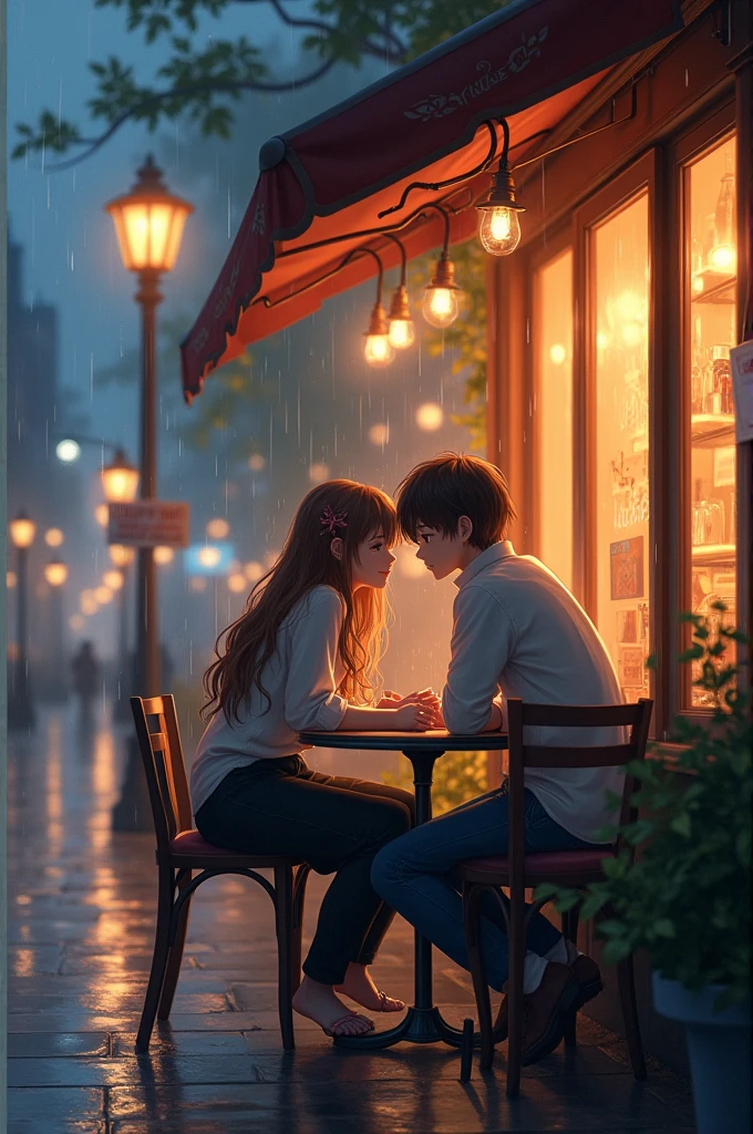 painting of a couple sitting at a table outside a restaurant, cozy cafe background, pleasant cozy atmosphere, beautiful anime scene, romantic painting, rainy evening, cozy atmosphere, in a sidewalk cafe, raining outside the cafe, beautiful ambiance, romantic scene, beautiful ambience, romantic atmosphere, high detailed painting, beautiful painting of friends, rainy night, highly detailed digital paintingBest Quality, Super Detailed, Long Hair, Breasts, 