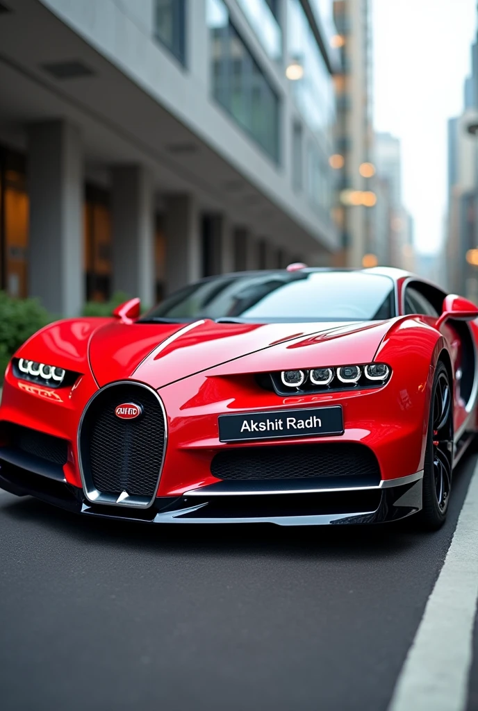 A Bugatti s number plate with the name AKSHIT RADH with red colour