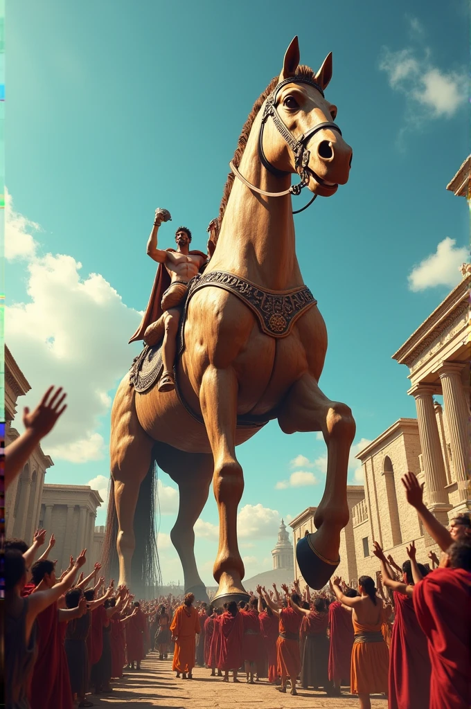 A gigantic wooden horse is being brought inside the city gate in ancient Greece and people are rejoicing. Create video.