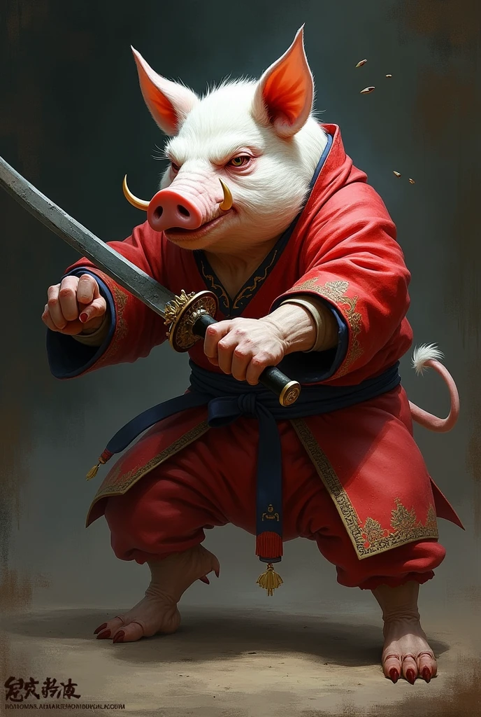 a white pig  , thug , angry, red hanfu , sword style 