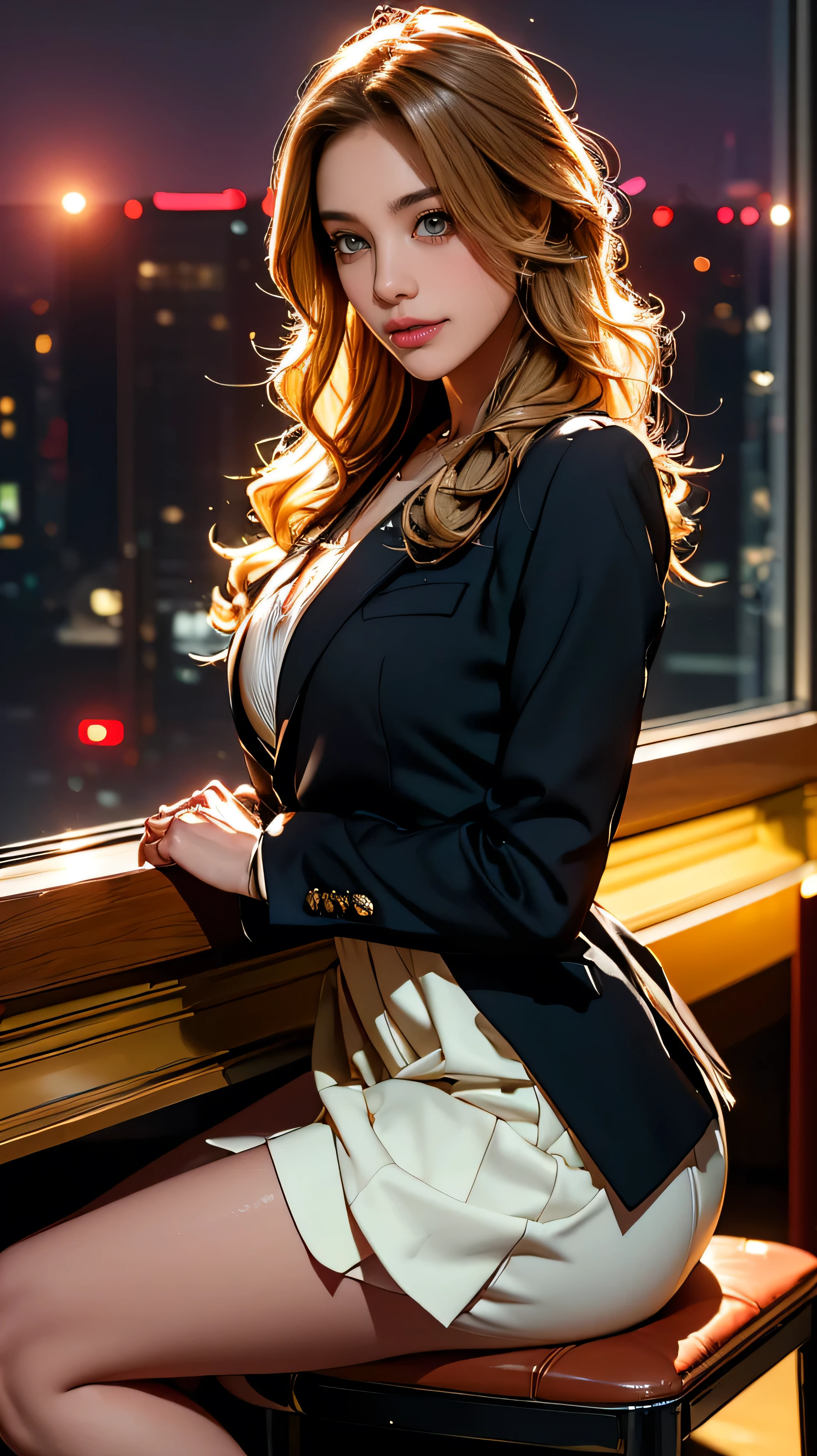 (Very detailed, Realistic, Highest quality, 4K, 8k, High resolution, masterpiece:1.3), An attractive flight attendant with a graceful and elegant figure. Erin Anderson is tall and slender, long, Long, wavy, golden blonde hair styled in loose curls. Long hair that reaches down to the buttocks.She has attractive, friendly, bright green eyes.. She wears a provocative silk uniform, White vertical ruffle silk blouse、Pair it with a blazer jacket, Short flared skirt, Black high heels, Silk scarf, Her attitude is friendly and approachable, With a radiant smile that enhances her warm presence. The background is smooth, A modern private jet parked on the runway, Emphasise your role as an elite flight attendant. This scene captures her polished and professional appearance., highlighting her elegance and the luxurious environment in which she works, (Intricate details, Very finely crafted needles, Very finely crafted fingers, Full-body showcase, Show whole body).(Long hair that reaches down to the buttocks:1.5)((とてもlong髪))(((Sits on a bar chair by the counter in a seductive pose in a stylish bar at night:1.1))),((Place your left hand gently on your chin,right hand holding chest:1.3)),((sitting on a chair, night view terrace background:1.3)),((Smile、Embarrassed smile))、((Skyscrapers look hazy outside the window:1.4)), ((Sits on a bar chair In a crowded café at dusk:1.3))