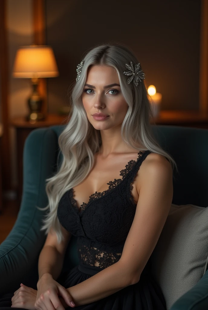 Russian girl sits elegantly on a modern soft chair, looks straight, Sits up straight, Against the backdrop of a dark, cozy living room, light gray long hair, good illumination of the face, realistically, photo, Evening hairstyle with sparkling hairpins, decorations