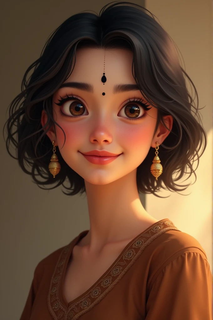 23 years nepali girl,Short black hair, round white face,medium eyes, scantly little eyebrows,less pointed nose,puffed cheeks, smile on face,dimple at right cheeks,visible beauty bone,brown kurta,black small tika on forehead,golden jhumka on ear,