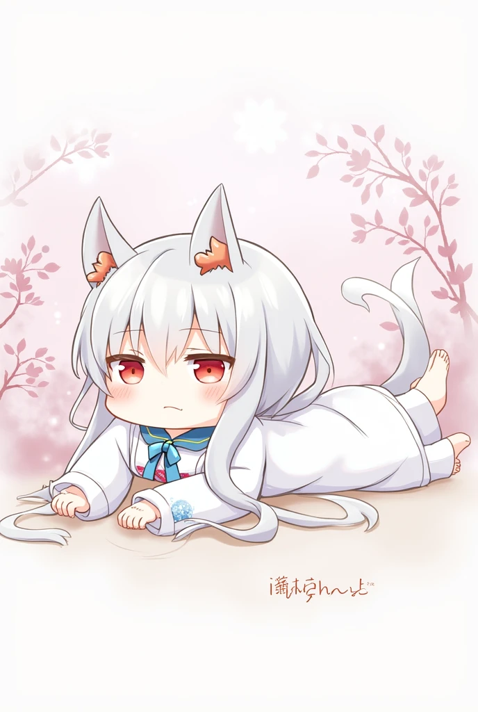 One Woman,Gray Hair,Cat ear,((Chibi Character)) ,Red eyes,White kimono,Sleeping on the floor,Tired face,Feeling exhausted,Enter your text in the bottom right corner of the fantasy image,A very popular font,