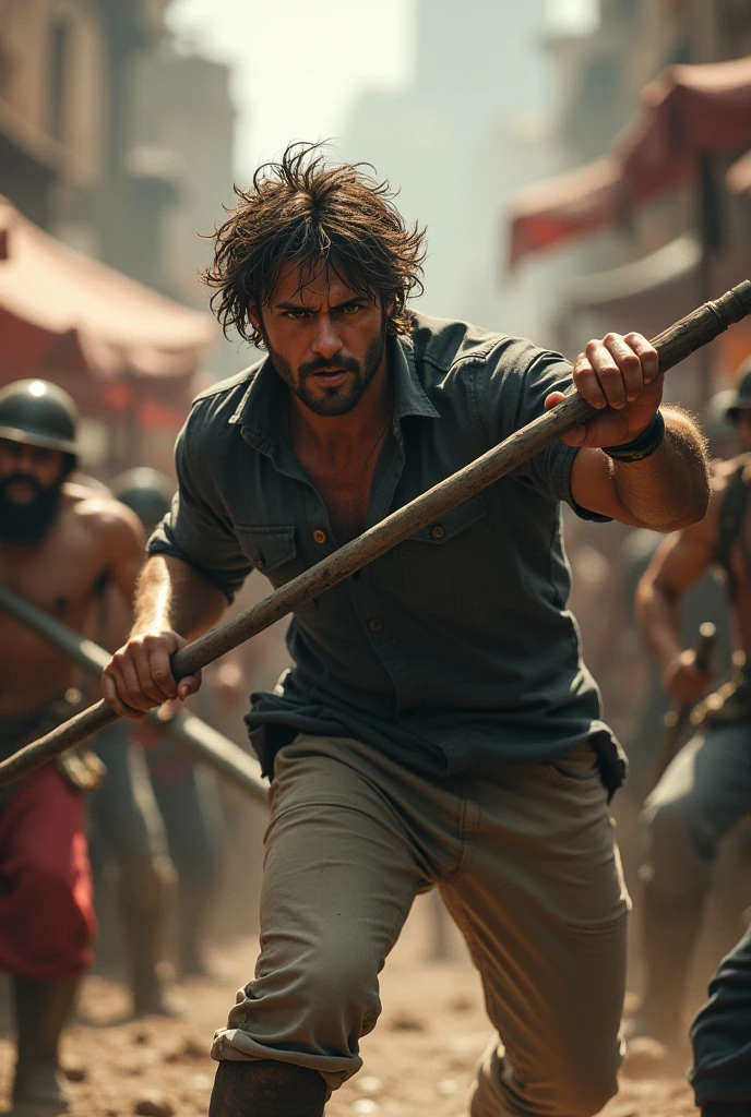A dynamic and intense action scene featuring a rugged, determined 2 man in the midst of a battle. He is gripping a long staff with both hands, fiercely defending himself against multiple attackers. The scene is set in a crowded marketplace, with blurred figures of opponents wielding weapons surrounding him. The man has messy hair, a dark shirt, and light-colored pants, exuding raw energy and strength. The background shows a chaotic atmosphere with a crowd in the distance, adding to the tension of the moment.