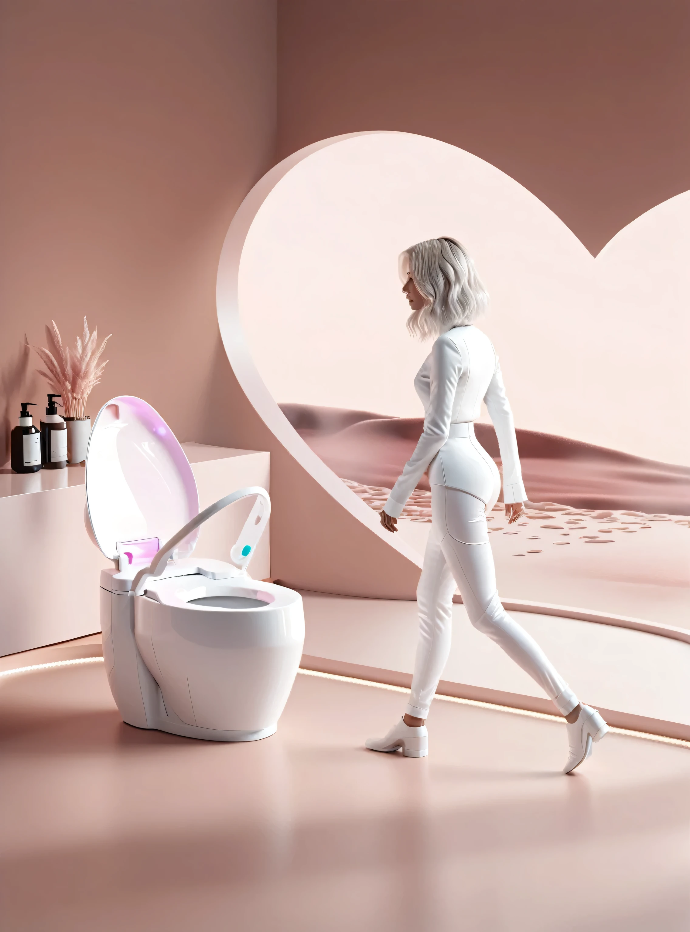 there is a woman walking in a bathroom with a toilet, rgb gamer toilet, gaming toilet, elegent, futuristic product design, smooth utopian design, gaming chair as a toilet, 🤬 🤮 💕 🎀, siting on a toilet, 👁🌹👾, elegence, product design render, elegant design, futuristic design, 3d product, feminine