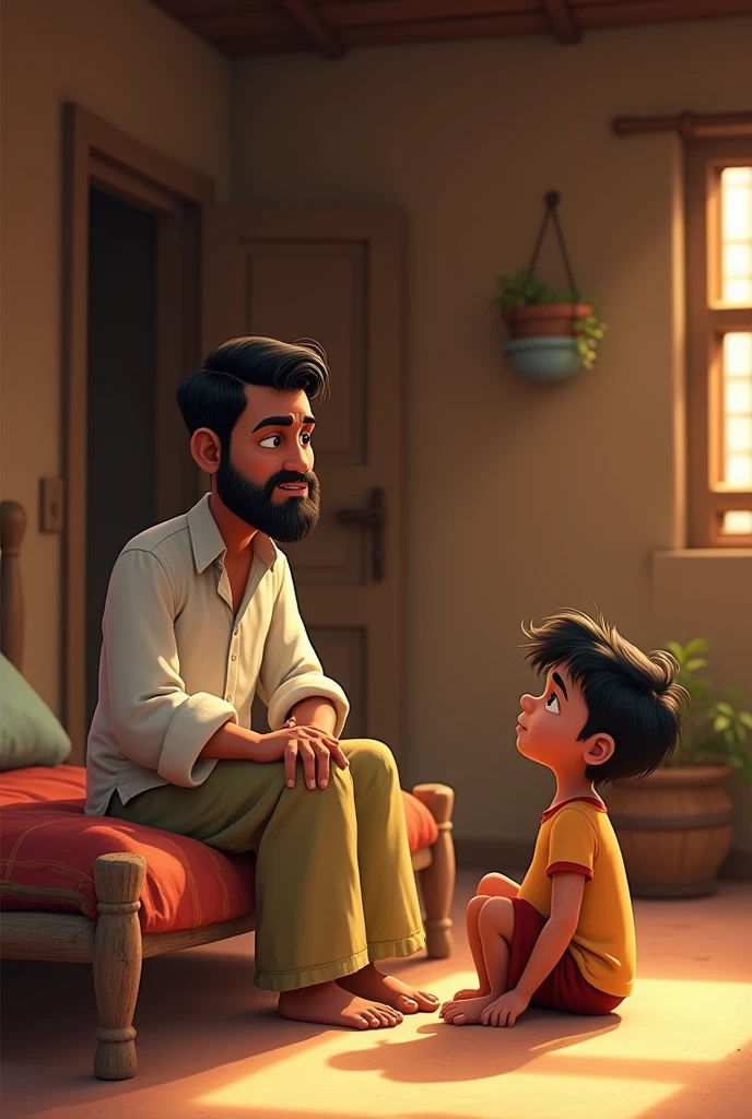 Inside a modest village home, Ramoo is sitting on a wooden cot, speaking kindly to his son, Mohan. Ramoo looks concerned but gentle, while Mohan, wearing casual village clothes, is lounging with a carefree expression, showing reluctance to work. The room is simple, with clay walls and minimal furnishings.