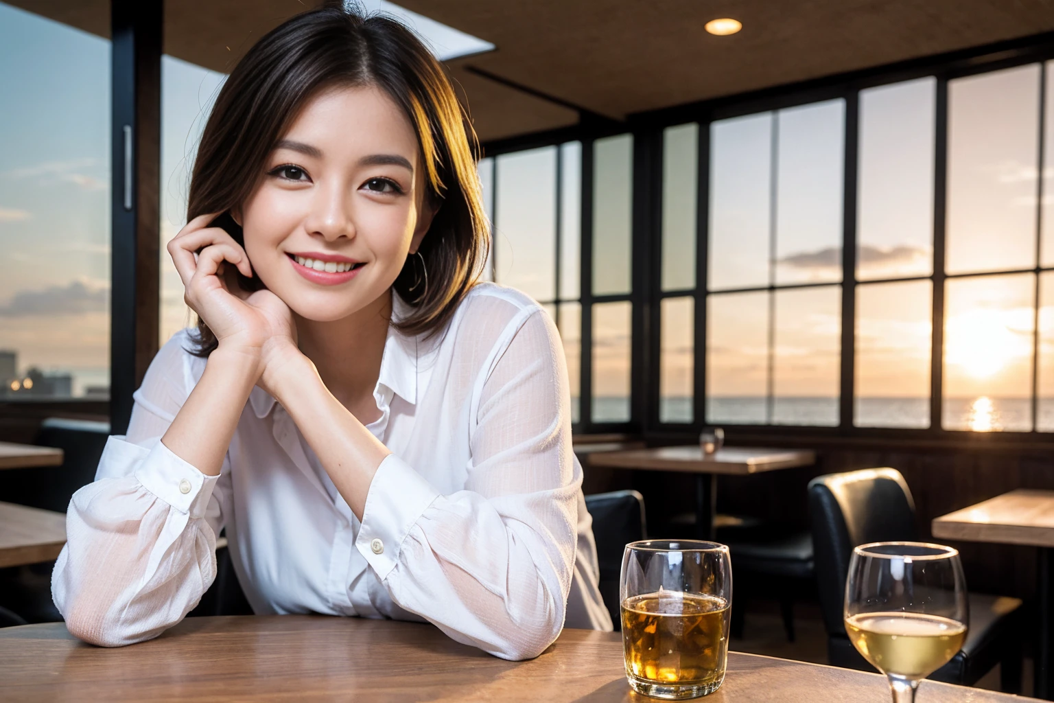 ((Highest quality、8k、masterpiece:1.3))、slimカップル、modelカップル、(Realistic, Intricate details:1.2), full-course dinner、Whiskey bottle and glass on the table、Single Malt、scotch、Rocks glass、Shot Glass、On the rock、Scotland、Amazing view of the sunset sky and clouds、A bright smile、The wonderfulness of smile、 Beautiful Face, blue eyes, The light shines on your face, blush, short hair,Bright Face、 (Age 37), 3,Two beauties、Brown Hair、Shortcuts、Long sleeve shirt、dress、Beautiful woman 1, (slimな顔), (The body is slim), (Brown Hair), (Shortcuts), cheeks turn a little red,Attractive beauty、restaurant, In a prominent place (From the waist up) Nova Frog Style, actress, model, Upper Body, White wine, slim, smile, (smile: 1.15), Beautiful fine grain, Depth f/2,saturation, High Contrast, Strong light and shadow,Moist Body:1.5、3D texture、Delicate eyes、Brown Hair、The hair is very shiny、
