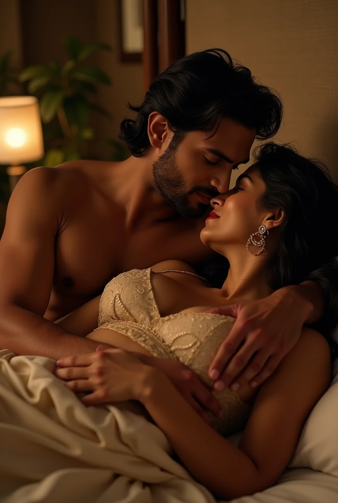 two on bed, realistic Indian wife and husband, man and woman, man's lips near boobs, man pinching breast, wife in bed, in honeymoon, erotic pose
