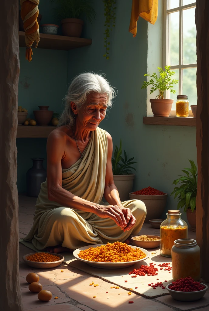Old lady in her house setting on flore and making achar