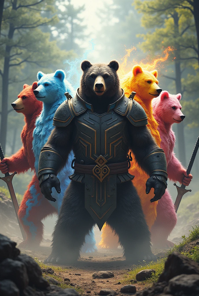 ５Body of brown bear「bears５」。bears５teeth、A hero who protects the natural world from evil.。レッドベアーteeth、Be a leader、(Controlling Fire)、Burn the enemy。ブルーベアーteeth、(Freeze everything with the power of ice)。イエローベアーteeth、Utilizing its large size、Boasting an offensive power that cannot be defeated by any force。ブラックベアーteeth、(A master swordsman、Cut through anything)。ピンクベアーteeth、(In charge of sex appeal)。,BREAK, 「Transform」With the shout of、Dressed in an armored suit、Take on a powerful enemy。