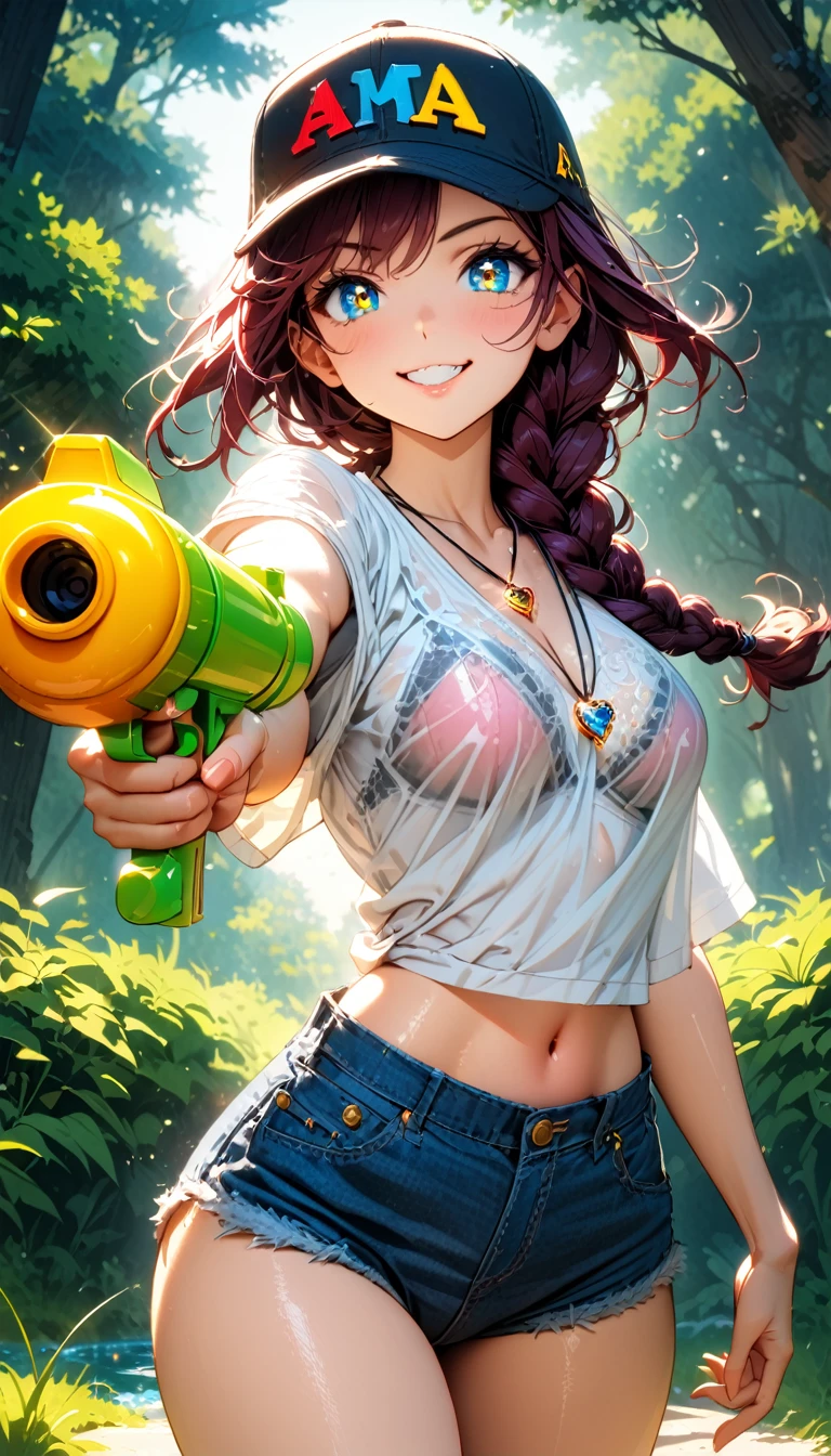(masterpiece, very aesthetic:1.4), best quality, incredibly absurdres, Accurate, intricate, 8K, stunning, stylized,
ultra-detailed, (incredibly detailed:1.2), fine texture,
cinematic, recent, (vibrant:1.2), (clear pictures, clean lines, crisp edges), illustration, (soft lighting:1.2),
cowboy shot,
BREAK
1 beautiful girl, 18yo, small face, beautiful detailed face, narrow waist, The beauty and danger of growing from a girl to an adult, A symbol of miraculous beauty, Graceful posture, sensual, bewitching woman, (medium breasts:0.8),
(burgundy hair, a long single braid hair:1.4), asymmetrical bangs, smooth hair,
BREAK
(aqua blue eyes), black oblong pupils, (slant eyes, glass-like sparkling eyes are blurry and dreamy, beautiful detailed eyes, growing eyes, long delicate eyelashes, Meticulous Eyelash Details),
BREAK
(black lace bra:0.8),
(see-through wet:0.2) white t-shirt,
(denim shorts over black thong:1.2),
baseball cap,
(a tiny heart-shaped golden colored ring pendant:1.4),
BREAK
sunny afternoon,
in a vast, lush green park, wide open lawns,
(aiming the water gun with right hand at the viewer:1.3), legt hand is down,
BREAK
gorgeous lips, natural pink lips, beautiful detailed lips, Glossy,
(grin:1.2), perfect eyes,