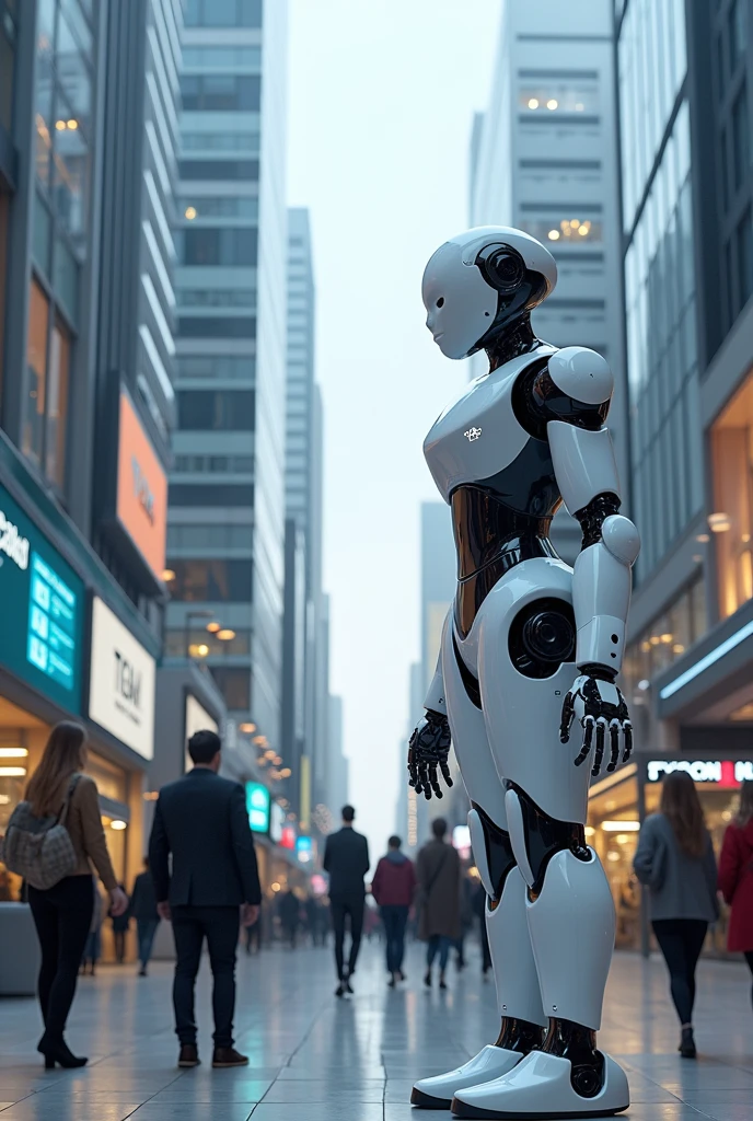 Help me draw robots placed everywhere providing customer service for business analytics in 2050