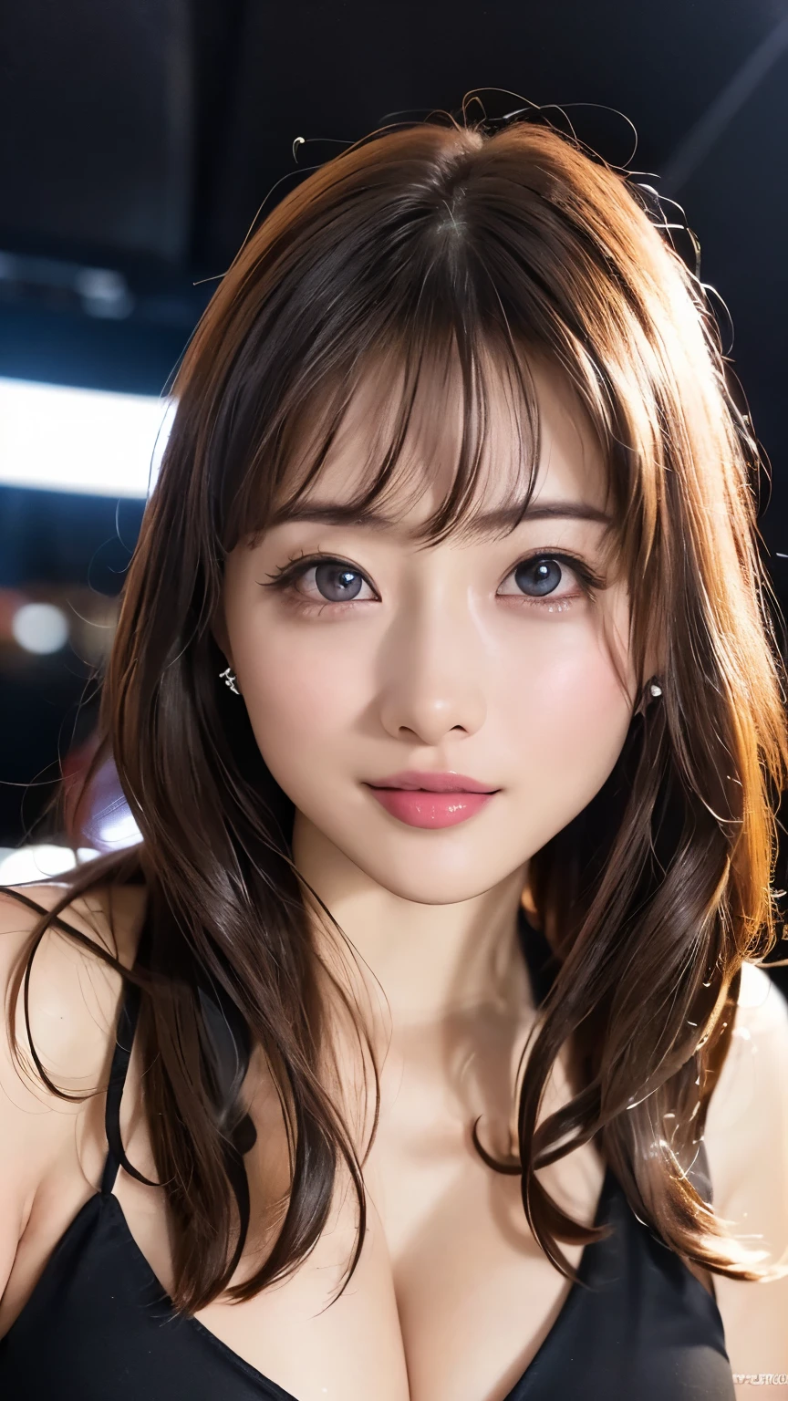 (8k, RAW Photos, Highest quality, masterpiece: 1.2)、Very detailed、Super Resolution、(Full body photography)、Natural color lip、Heavy eye makeup、(Super mini skirt tight dress costume 1.2), Gorgeous Accessories、Straight Hair、H cup breasts、Big Breasts:1.2、(Background of a high-end nightclub with a night view１.2)、(Dynamic Sexy Pose 1.2)、(Gorgeous Theme 1.2)、(With cleavage 1.2)、(((Blurred Background:1.5、Photo studio、Cinema Lighting、Professional Photographer)))