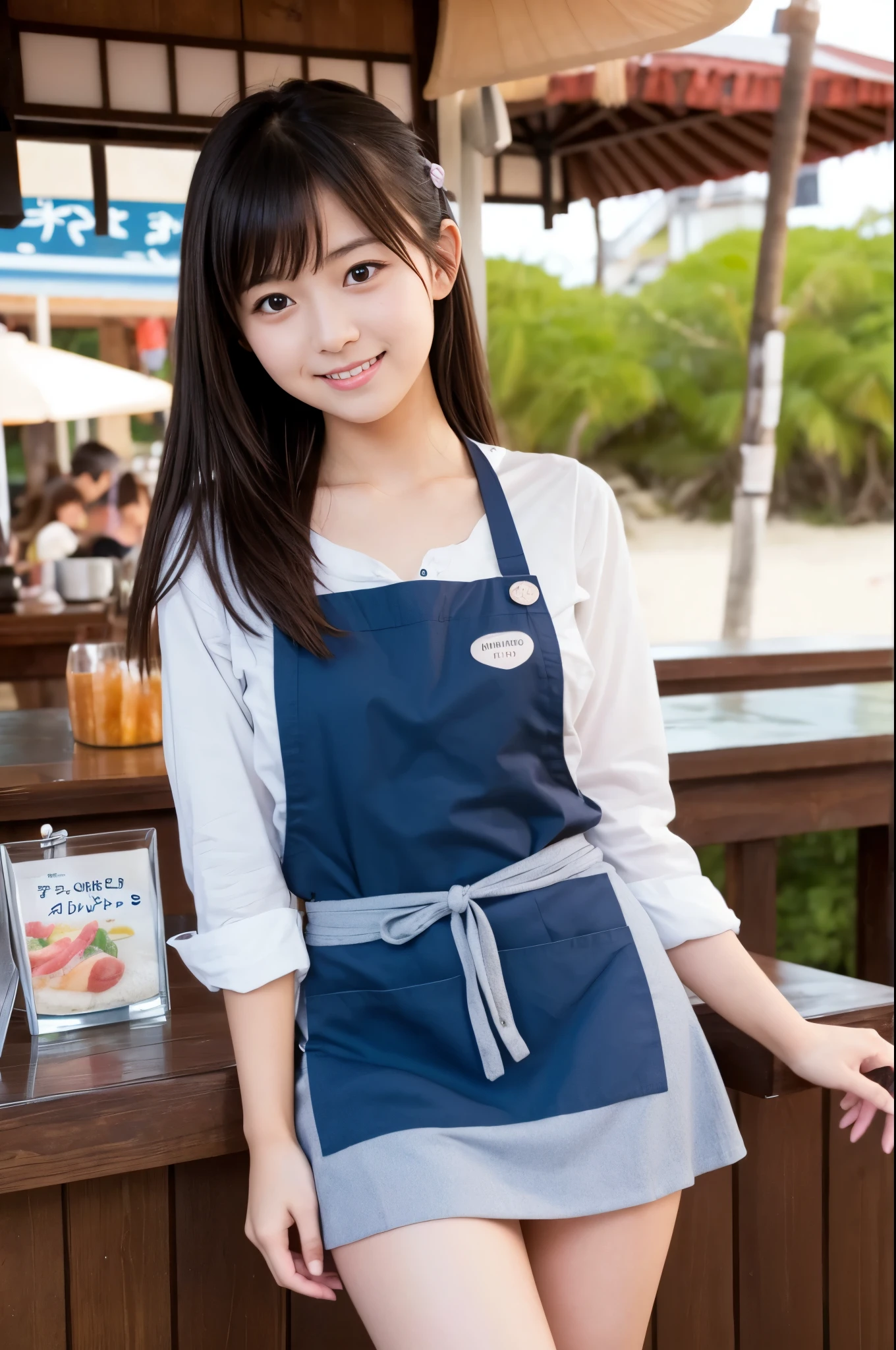 A girl (twenty years old, Japanese cute face) are wearing apron, mini skirt at the beach bar