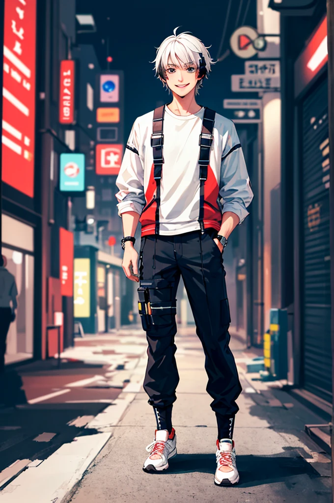 ((masterpiece)), (((best quality))), chromatic lighting,
colorized, white + black limited color palette, 
detailed concept drawing, no weird object on his face, cyberpunk, futuristic, combat pants,
portrait, 25yo 1guy, slender, Shibuya street fashion, short white hair, black eyes, full body(head to toe), smiling、posing