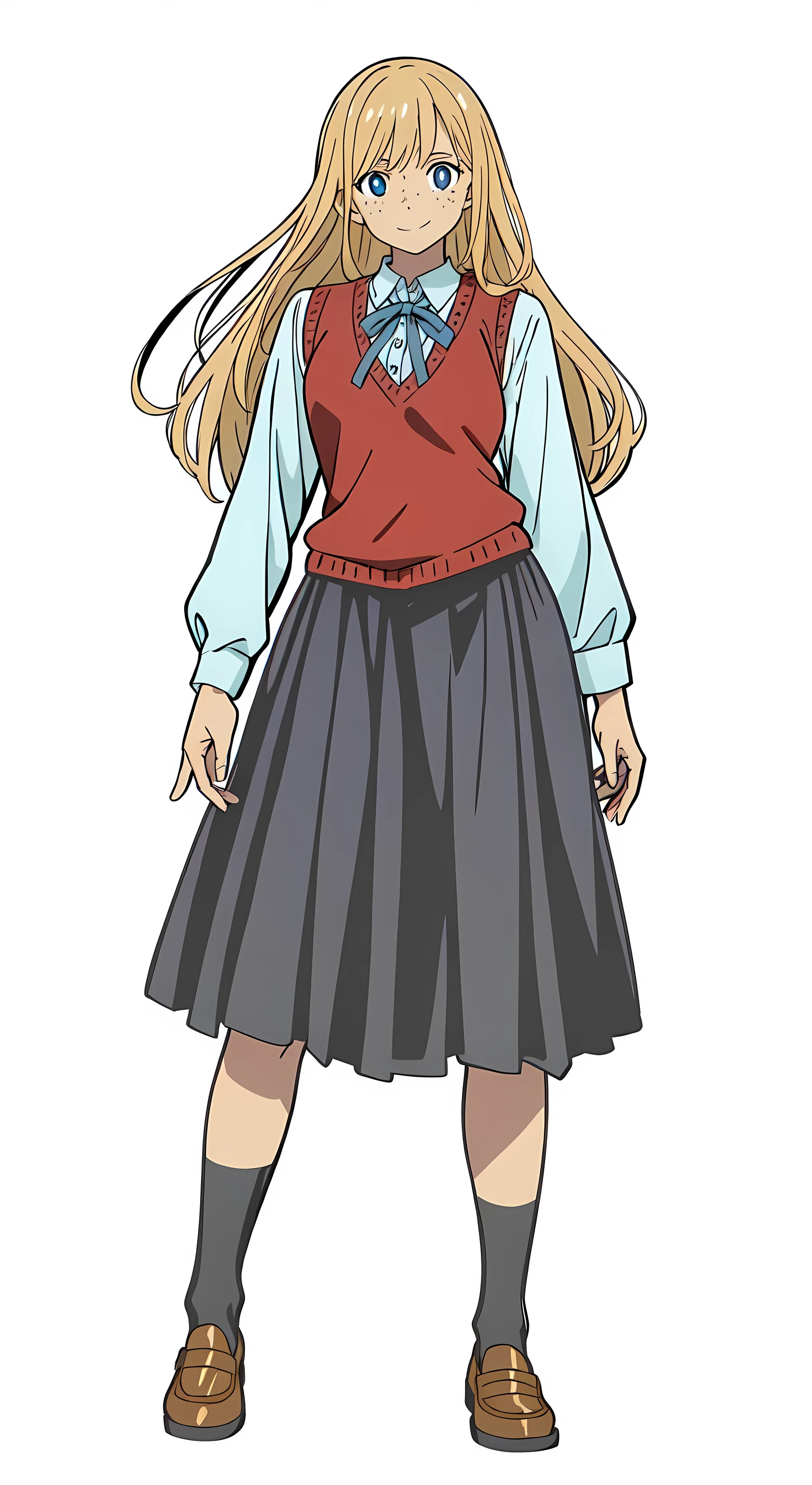 (white background:1.0), (best quality:1.0), (masterpiece:1.0), (super fine illustration:1.0), (beautiful artwork:1.0), (anime screencap:1.0), (official art:1.0), (solo:1.0), (european:1.0), (a 18yo cute girl:1.0), (long skirt:1.0), (black skirt:1.0), (pleated skirt:1.0), (red knit vest:1.0), (white long sleeve dress shirt:1.0), (blue neck ribbon:1.0), (loafers:1.0), (black socks:1.0), (ideal ratio body proportions:1.0), (lanky:1.0), (tall:1.0), (slender:1.0), (small breasts:1.0), (smaller face:1.0), (tareme:1.0), (freckles:1.0), (smile:1.0), (cheerful:1.0), (detailed beautiful eyes:1.0), (detailed beautiful face:1.0), (glowing blue eyes:1.0), (long hair:1.0), (swept bangs:1.0), (blonde hair:1.0), (standing:1.0), (looking at viewer:1.5)
