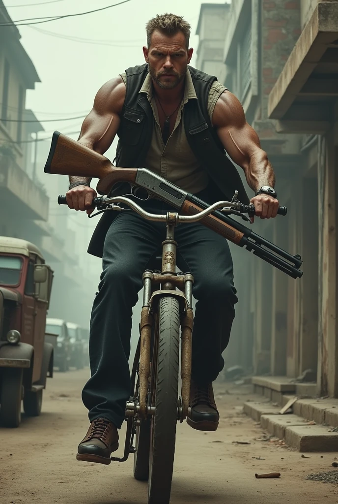 A man in a bike with using shortgun