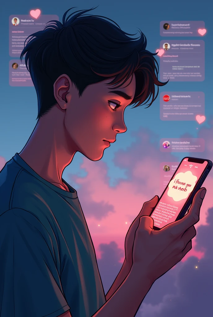 Man messaging a girl using smartphone "I love you NEB Update & News" . show clear picture of social media & that boy.