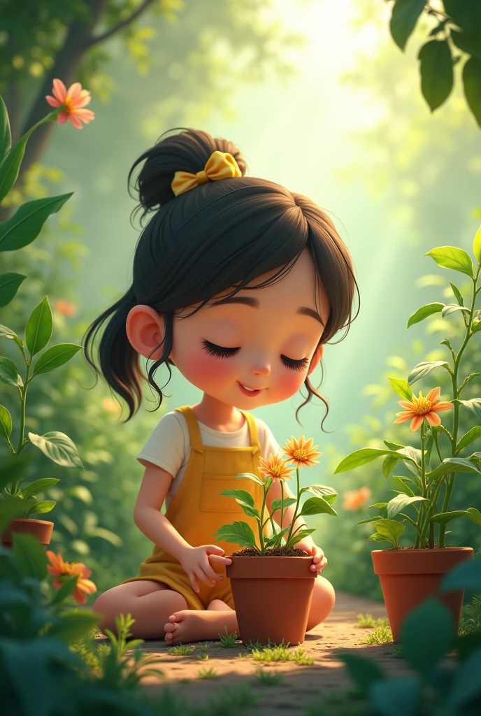 : A young girl in a magical garden gently watering a potted plant, her eyes filled with love and care. The plant is surrounded by other healthy, thriving plants.
* Style: Peaceful, serene, and nature-oriented. I am animated characters
