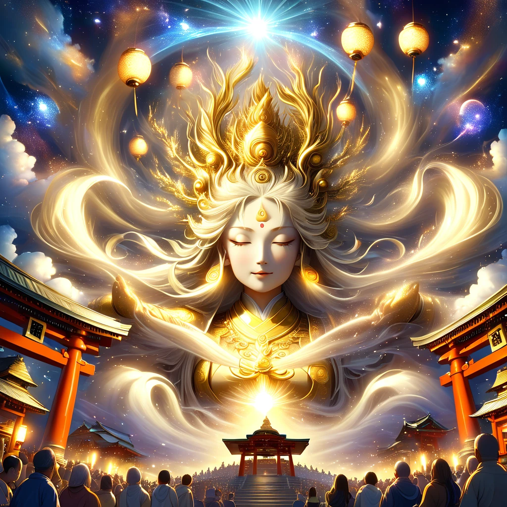 A majestic Golden Senju Kannon Bodhisattva, the Buddhist deity with a thousand arms, descending gracefully from the heavenly realms to an earthly shrine. The deity's form is illuminated by a divine light as it moves through the clouds, with each golden arm and hand exquisitely detailed and shimmering. The cinematic lighting creates dramatic shadows, highlighting the deity's mystical and powerful presence. Below, a crowd of devotees is gathered, kneeling and offering prayers in reverence, their faces filled with awe and devotion. The scene captures the moment of divine descent, with ethereal light beams and celestial elements enhancing the sacred atmosphere. The environment is a traditional shrine, with temple elements like lanterns, torii gates, and a gentle mist, contributing to the overall sense of spiritual power and reverence.
