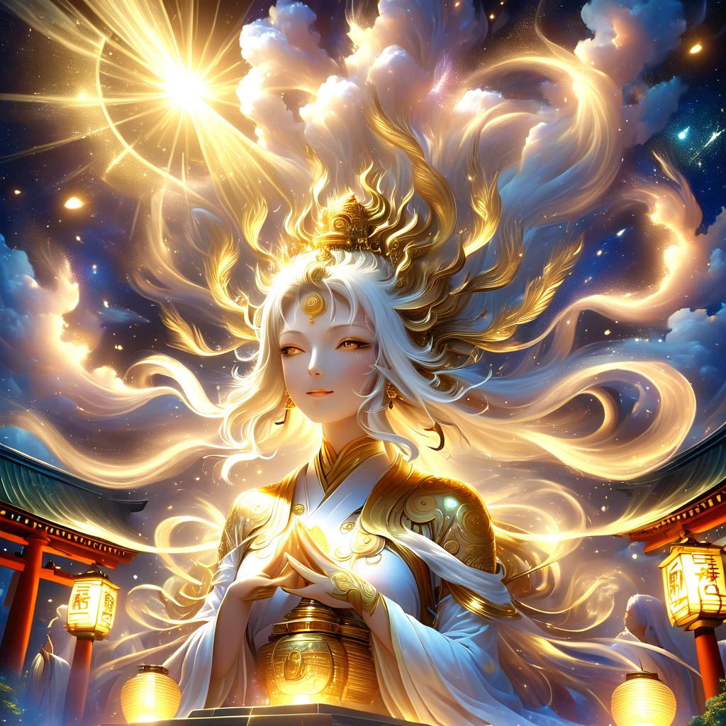 A majestic Golden Senju Kannon Bodhisattva, the Buddhist deity with a thousand arms, descending gracefully from the heavenly realms to an earthly shrine. The deity's form is illuminated by a divine light as it moves through the clouds, with each golden arm and hand exquisitely detailed and shimmering. The cinematic lighting creates dramatic shadows, highlighting the deity's mystical and powerful presence. Below, a crowd of devotees is gathered, kneeling and offering prayers in reverence, their faces filled with awe and devotion. The scene captures the moment of divine descent, with ethereal light beams and celestial elements enhancing the sacred atmosphere. The environment is a traditional shrine, with temple elements like lanterns, torii gates, and a gentle mist, contributing to the overall sense of spiritual power and reverence.