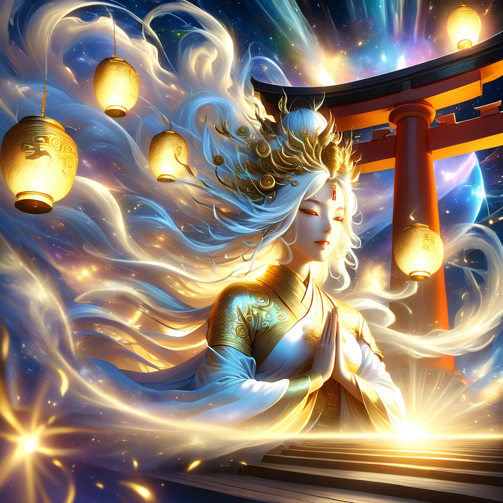 A majestic Golden Senju Kannon Bodhisattva, the Buddhist deity with a thousand arms, descending gracefully from the heavenly realms to an earthly shrine. The deity's form is illuminated by a divine light as it moves through the clouds, with each golden arm and hand exquisitely detailed and shimmering. The cinematic lighting creates dramatic shadows, highlighting the deity's mystical and powerful presence. Below, a crowd of devotees is gathered, kneeling and offering prayers in reverence, their faces filled with awe and devotion. The scene captures the moment of divine descent, with ethereal light beams and celestial elements enhancing the sacred atmosphere. The environment is a traditional shrine, with temple elements like lanterns, torii gates, and a gentle mist, contributing to the overall sense of spiritual power and reverence.