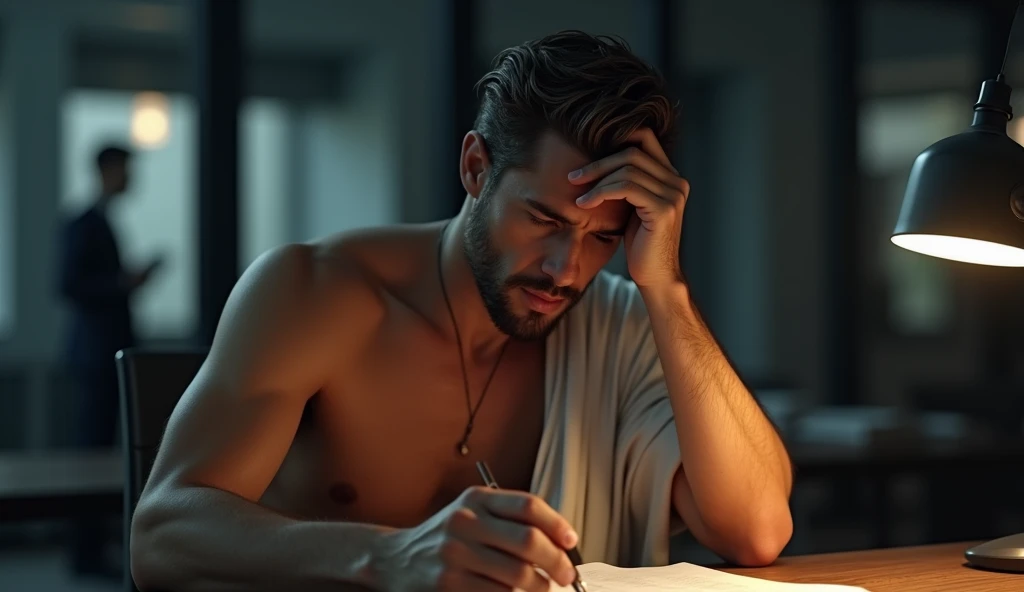 A male stoic philosopher with a well-proportioned and attractive physique, not excessively muscular, sitting at a desk in a dimly lit, modern office. He is wearing classic tunics, slightly transparent, draped over his body, subtly revealing his shoulder and parts of his chest. His skin has a tanned tone, with a very short and well-groomed beard, and wavy, well-stylized hair. The philosopher leans forward, his hand on his forehead, showing frustration after receiving news of not getting a promotion. In the background, a shadowy figure represents his thoughts of blaming his boss. Shot with a Canon EOS R5, Sigma 50mm f/1.4 DG HSM Art Lens, 85mm lens. Rendered in 8K resolution, cinematic detail, Octane render, emphasizing tension and internal conflict.