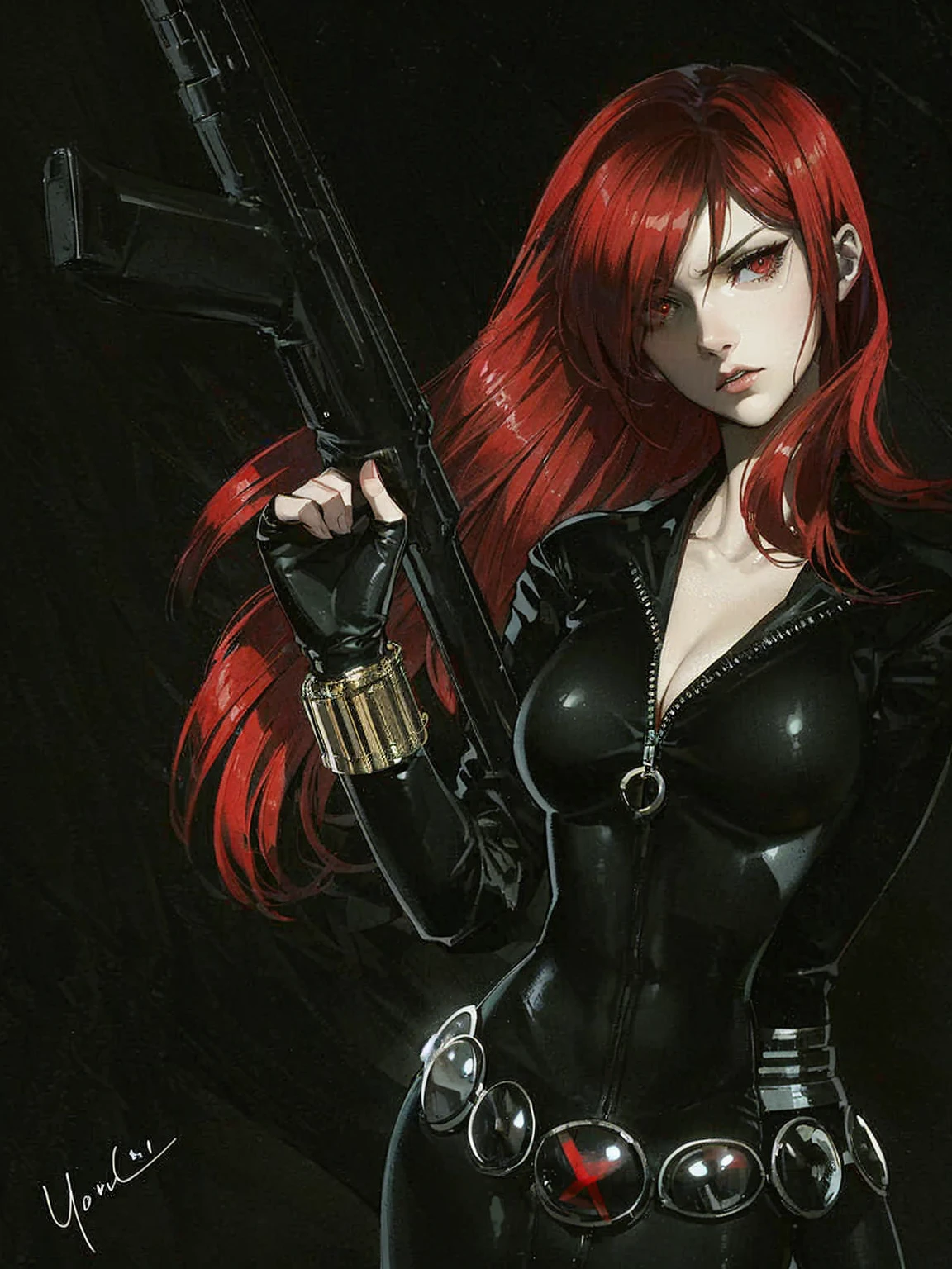 The image features a girl known as Black Widow with red, shoulder-length hair, and dressed in a sleek skin-tight shiny black latex bodysuit with a deep-cut zipper neckline revealing a large chest, the silver zipper running down the front. The suit is complemented by her golden wrist guard on both wrists and a black silver belt made of shiny black circles with a red "black widow" symbol buckle. She handles an AK-74 rifle with her right hand, one on top of the other. She is set against a dark, black background, which contrasts her appearance and emphasizes her figure. From her intense gaze and serious expression, she appears confident, powerful, and ready for action.