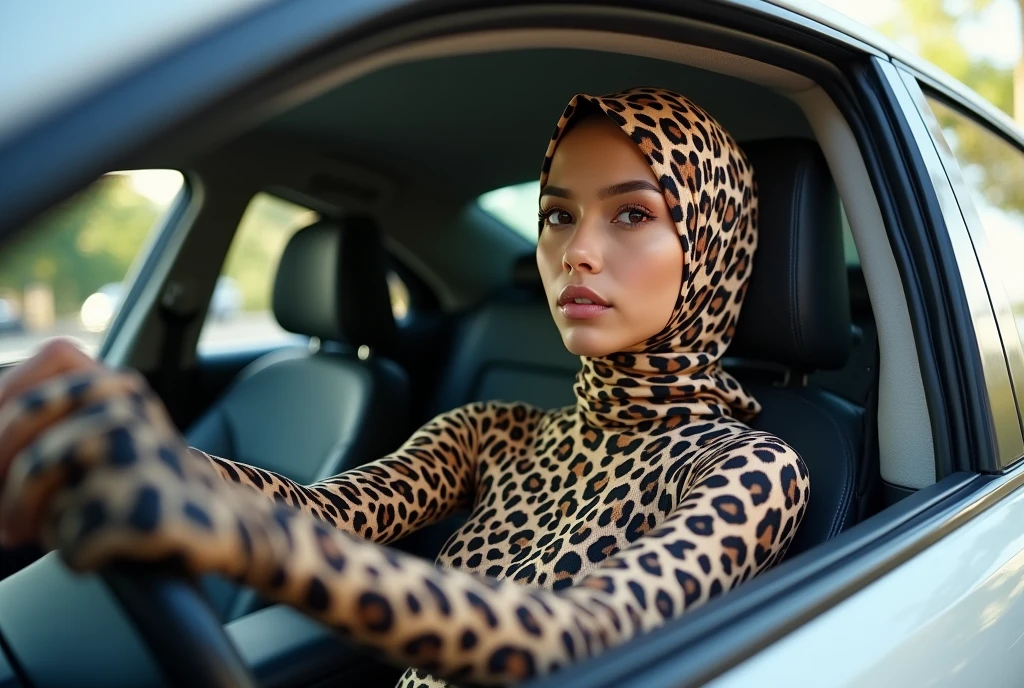 The most beautiful,thin,most pretty and clever Asian muslimah adult girl wears clouded leopard print lycra turtleneck unitard catsuit covered with spots.She always wear clouded leopard print lycra dancewear stretchy square hijab covered with many spots.She goes to the supermarket to buy seafood by car.