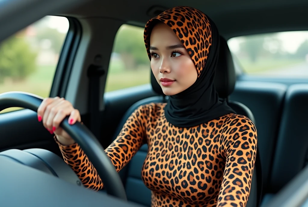 The most beautiful,thin,most pretty and clever Asian muslimah adult girl wears clouded leopard print lycra turtleneck unitard catsuit covered with spots.She always wear clouded leopard print lycra dancewear stretchy square hijab covered with many spots.She goes to the supermarket to buy seafood by car.