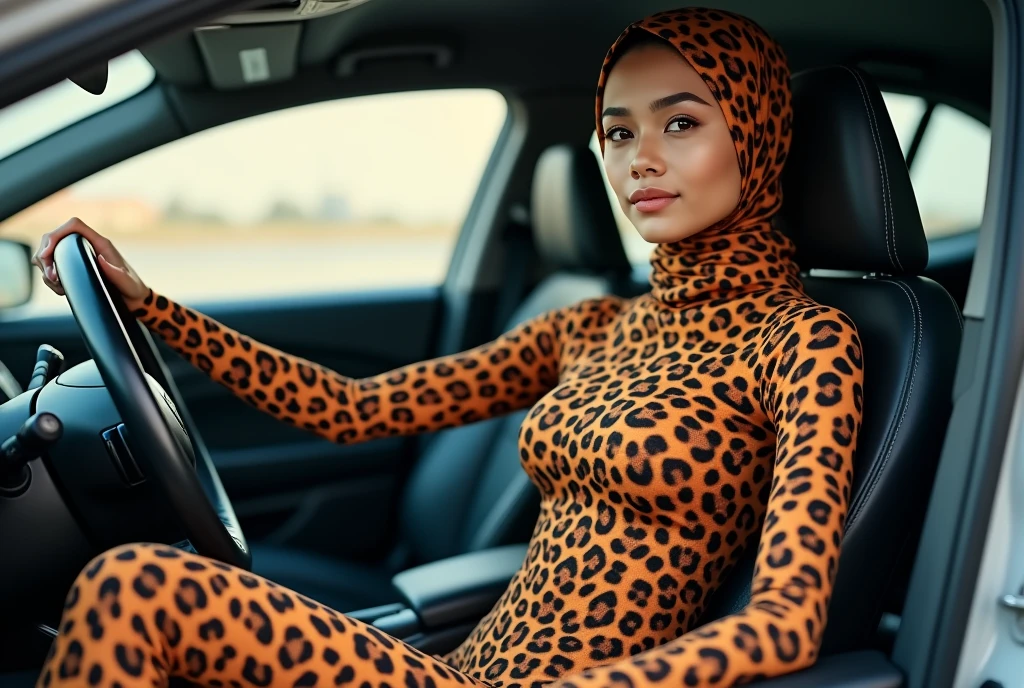 The most beautiful,thin,most pretty and clever Asian muslimah adult girl wears clouded leopard print lycra turtleneck unitard catsuit covered with spots.She always wear clouded leopard print lycra dancewear stretchy square hijab covered with many spots.She goes to the supermarket to buy seafood by car.