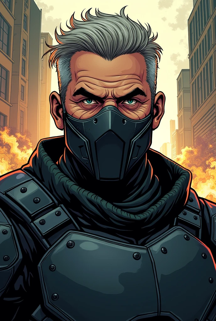 Man in his 40s with gray hair wearing modern black armor with a mask covering his mouth and nose in a modern American comic book style with a chaotic