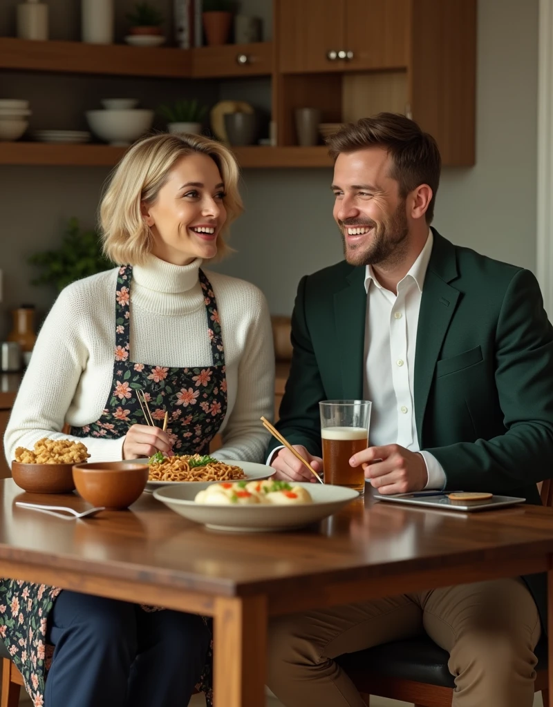 ((super photographic, superrealism)),sitting on chair, together have dinner, Full body, Actress of 007 dining kitchen , in house , (1 Scottish woman , 30 age old ,(gold hair, short cut, big smile), ((wearing , white turtleneck sweater, Navy Blue pants, flower pattern Apron, brown shoes :1.3)) , Bond boy with dinner , dining table and chair, (1 Scottish man, 1, brown hair, short cut,big smile) ,(green brazer, brown pants, brown shoes ), beer, onigiri, instant ramen noodles, on table, ((super detail, high details, high quality, accurate, anatomically correct, textured skin, beautiful fingers super detail, high details, high quality, best quality))