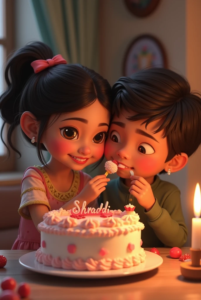A girl cutting the cake
Name on cake Shraddii
A girl eating cake 
Feeded by a boy