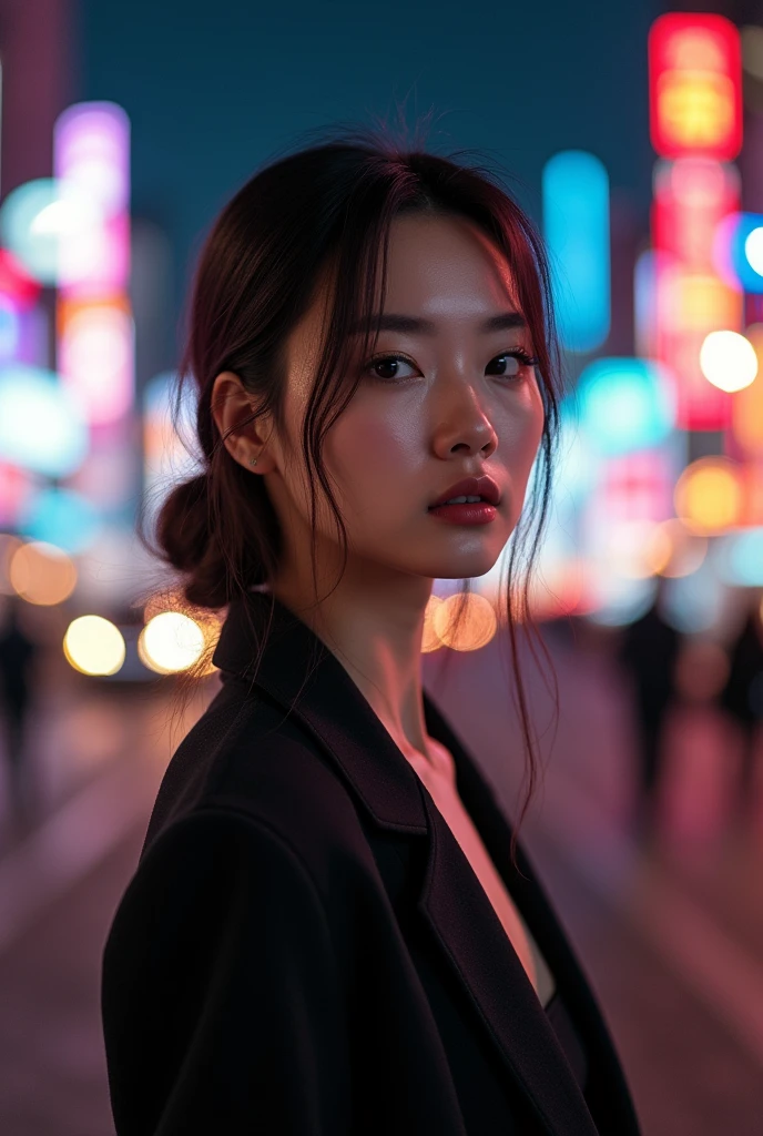 (Film Aesthetics:1.4) A photo of a beautiful Korean fashion model bokeh city night scene