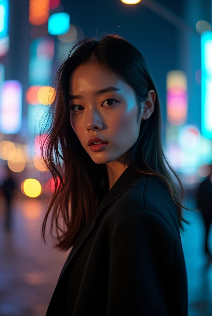 (Film Aesthetics:1.4) A photo of a beautiful Korean fashion model bokeh city night scene