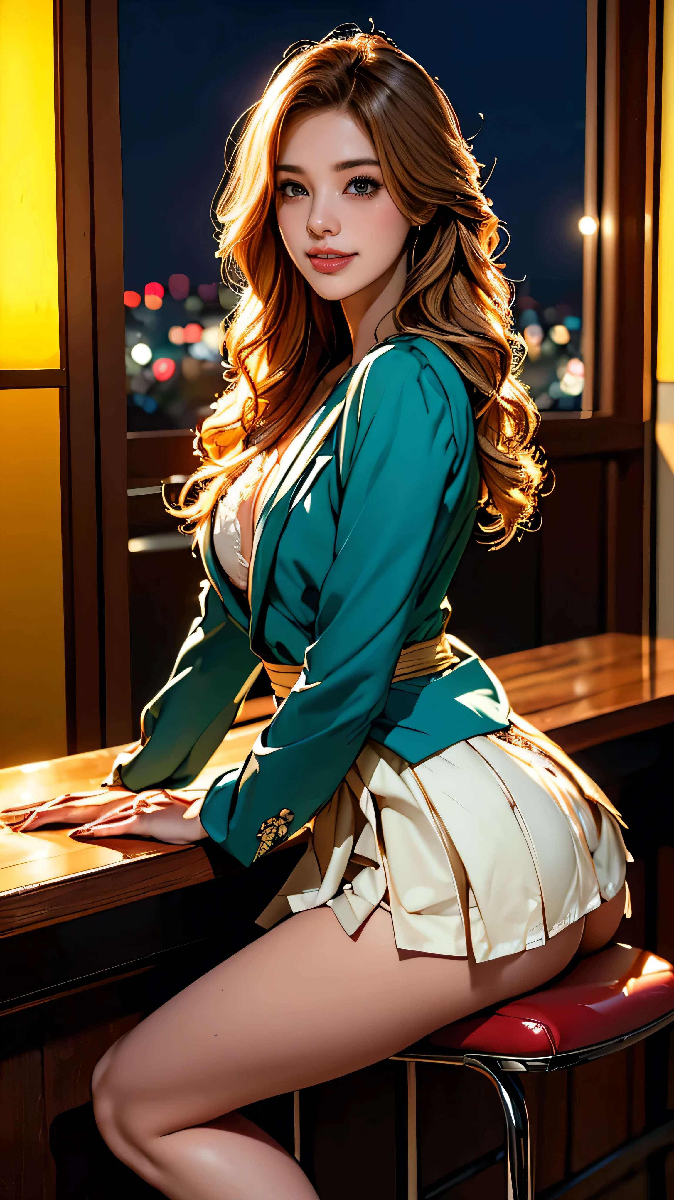 (Very detailed, Realistic, Highest quality, 4K, 8k, High resolution, masterpiece:1.3), An attractive flight attendant with a graceful and elegant figure. Erin Anderson is tall and slender, long, Long, wavy, golden blonde hair styled in loose curls. Long hair that reaches down to the buttocks.She has attractive, friendly, bright green eyes.. She wears a provocative silk uniform, White vertical ruffle silk blouse、Pair it with a blazer jacket, Short flared skirt, Black high heels, Silk scarf,（Long hair that reaches down to the buttocks:1.5）((とてもlong髪))(((Sits on a bar chair by the counter in a seductive pose in a stylish bar at night:1.1))),((Place your left hand gently on your chin，right hand holding chest:1.3)),((sitting on a chair, night view terrace background:1.3)),((Smile、Embarrassed smile))、((at Japanese-style room in the Japan, formal hanging scroll, tradition:1.5)
