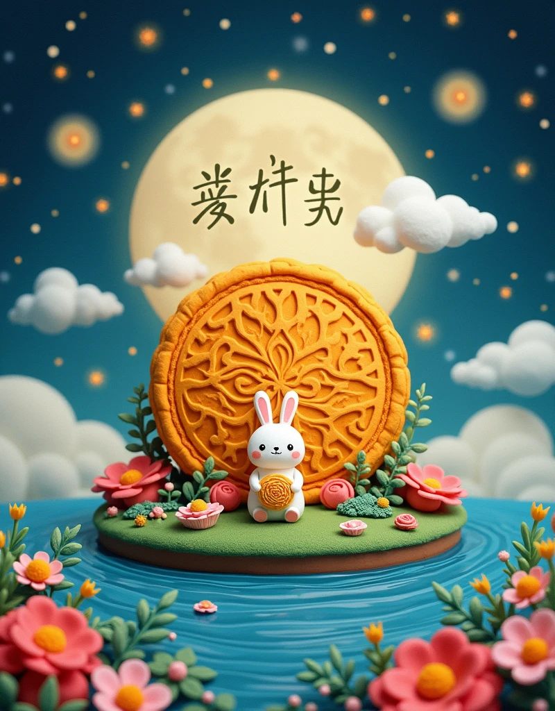 In the felt-style picture,From a bird's eye view,A huge plush mooncake looks like a warm island,Lying there quietly,The words "Mid-Autumn Festival" on the mooncakes are particularly eye-catching,It seems to be telling an ancient reunion story,Surrounded by the quiet night sky,The hazy clouds are like tulle floating,The sparkling stars are like bright gems dotted in it,The whole scene is full of life、It's fun,It's like a dreamy Mid-Autumn fairy tale world,Let people indulge in this beautiful atmosphere,Hearts filled with reunion and love for life,Cute rabbit holding another moon cake,Colorful flowers and plants。