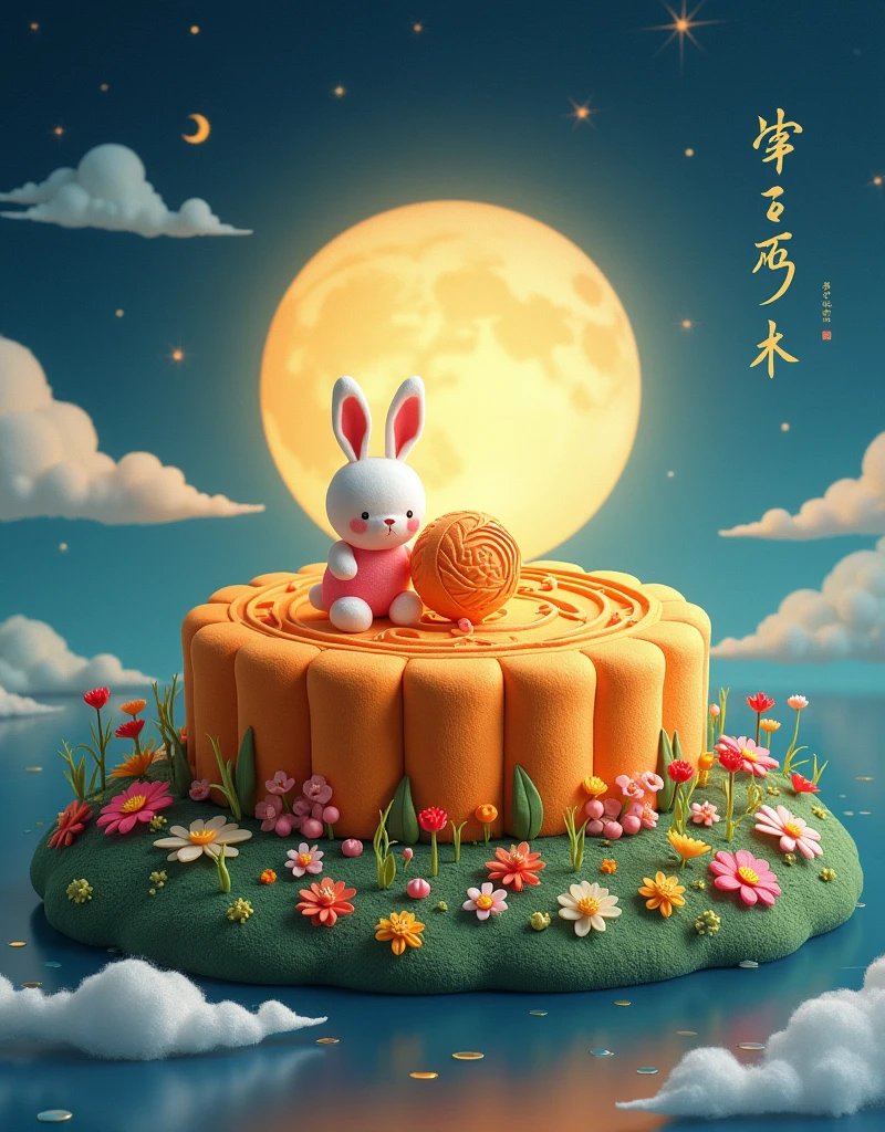 In the felt-style picture,From a bird's eye view,A huge plush mooncake looks like a warm island,Lying there quietly,The words "Mid-Autumn Festival" on the mooncakes are particularly eye-catching,It seems to be telling an ancient reunion story,Surrounded by the quiet night sky,The hazy clouds are like tulle floating,The sparkling stars are like bright gems dotted in it,The whole scene is full of life、It's fun,It's like a dreamy Mid-Autumn fairy tale world,Let people indulge in this beautiful atmosphere,Hearts filled with reunion and love for life,Cute rabbit holding another moon cake,Colorful flowers and plants。