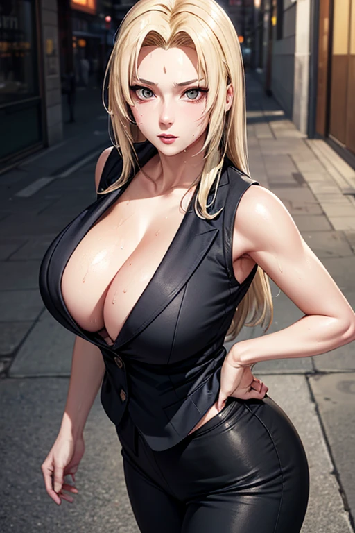 masterpiece, Highest quality,  (Unreal Engine), reality, Super Resolution,  Very detailed, Complex, colorful, Clear images, Sharp focus, Digital Blending, 

One Woman, Senju Tsunade, Tsunade, Mark on the forehead, Big Breasts, Saggy breasts, Butt, Perfect Eyes, Perfect Face, Ultra detailed hair, Ultra detailed face, Very detailed lips, Vivid expression, Healthy Body, Beautifully detailed sweat glands, Smooth skin texture, Carefully drawn,

((humidity:1.2), Sticky with sweat), (Wear a tight business suit,Bold sexy pose),  

indoor, Working in the city, (Shot on Sony α9, Dynamic Angle), Browsing Caution, 