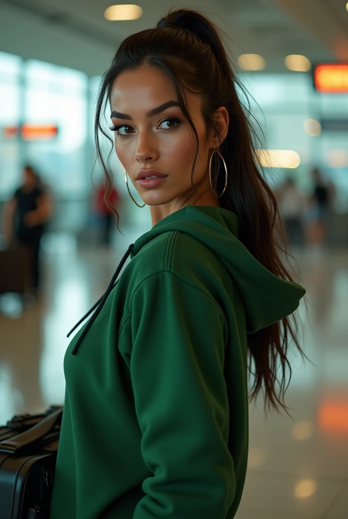 (photorealism: 1.2), hot brazilian sexy girl in sexy dynamic pose. raw portrait photography, hyper realistic and detailed face, complex and realistic skin texture, hot body, athletic body, smiling, long black hair tied up, dressed with green hoodie, in airport terminal with luggage