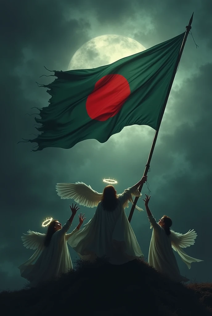 Greek god sculpture hoisting a bangladeshi flag in fierce expression with wings with black background