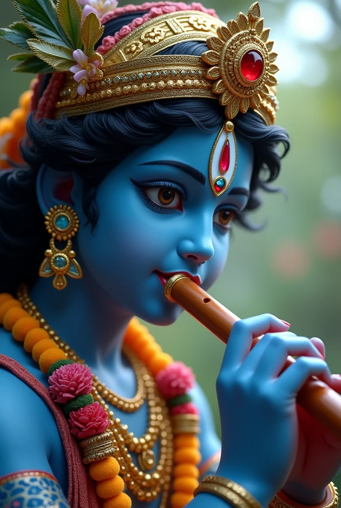 Shri krishna playing flute, with beautiful face, face closeview, fantasyreal