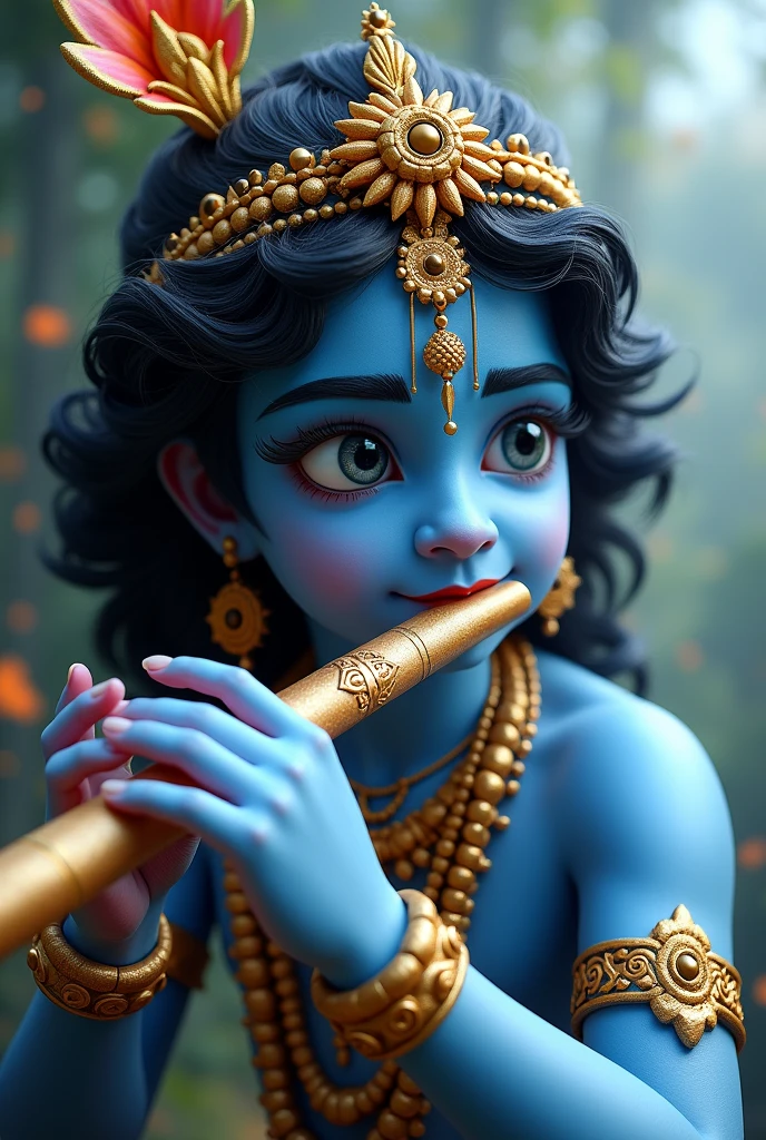 Shri krishna playing flute, with beautiful face, face closeview, fantasyreal