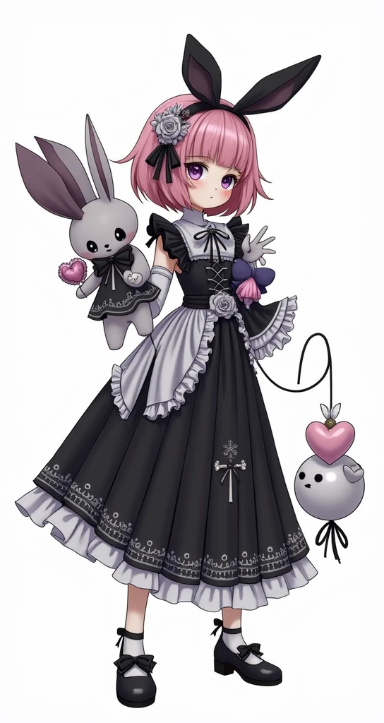 a cartoon image of a woman in a dress holding a puppet bunny, mechanized witch girl, 1girl, solo, looking at viewer, short hair, bangs, simple background, hair ornament, gloves, long sleeves, hat, white background, dress, bow, closed mouth, standing, purple eyes, full body, pink hair, flower, heart, frills, shoes, black gloves, hair flower, blunt bangs, black footwear, black dress, rose, facial mark, stuffed toy, stuffed animal, lolita fashion, purple flower, gothic lolita, stuffed bunny, puppet, hand puppet, anime style, from girls frontline, fine details. girls frontline, girls frontline universe, girls frontline style, girls frontline, girls frontline cg, soft anime illustration, 2 0 2 2 anime style, 2022 anime style, pixiv contest winner, pretty anime character design, render of april