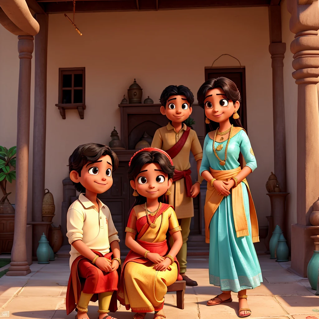 Create an image that captures a joyful and heartwarming moment between a devar (younger brother-in-law) and his bhabhi (sister-in-law) in a traditional Indian family setting. The devar is playfully teasing his bhabhi, who is smiling and responding with affection. The scene should reflect the warmth, respect, and playful bond that characterizes their relationship. The background should show a traditional Indian home, with cultural elements like a courtyard or a decorated living room, highlighting the festive and familial atmosphere. The clothing should be traditional, with the devar in a kurta and the bhabhi in a saree, adorned with simple jewelry. The overall mood should be light-hearted, emphasizing love, respect, and the deep connection within the family. 4K Ultra
